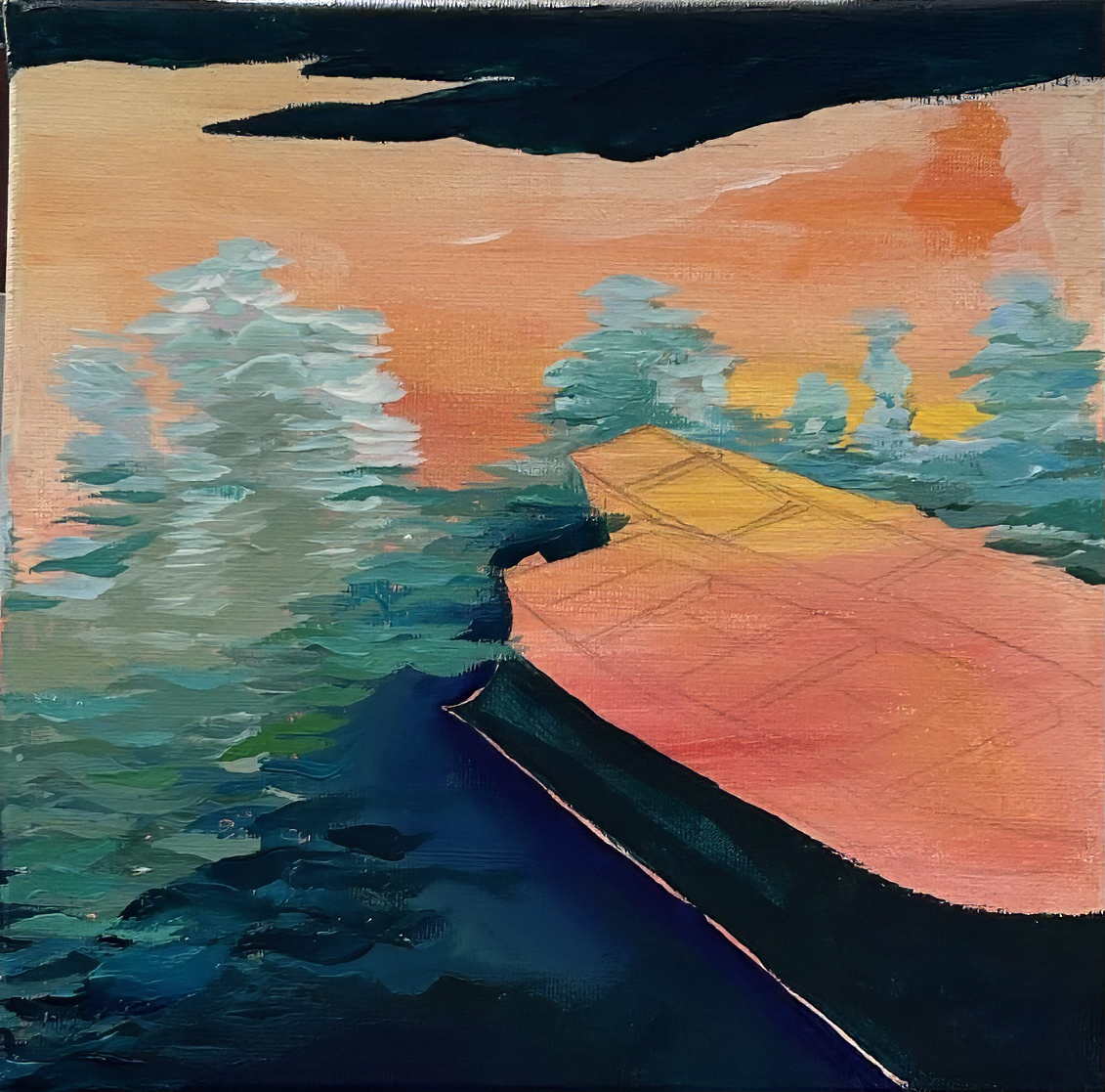 An underpainting for two empty wooden rowboats on a river, featuring large swaths of red, orange, blue, and black.