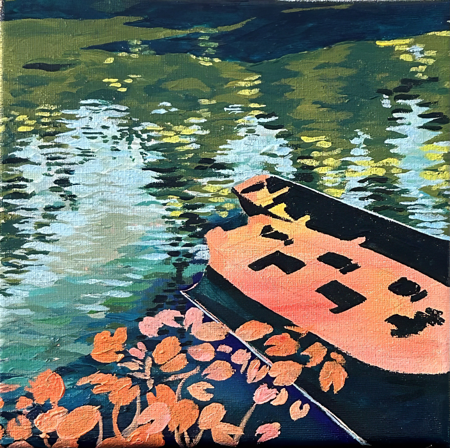 An underpainting for two empty wooden rowboats on a river, featuring large swaths of red, orange, yellow, green, and blue. The shadows in the boats appear very intensely.