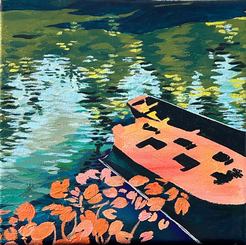 An underpainting for two empty wooden rowboats on a river, featuring large swaths of red, orange, yellow, green, and blue. The shadows in the boats appear very intensely.