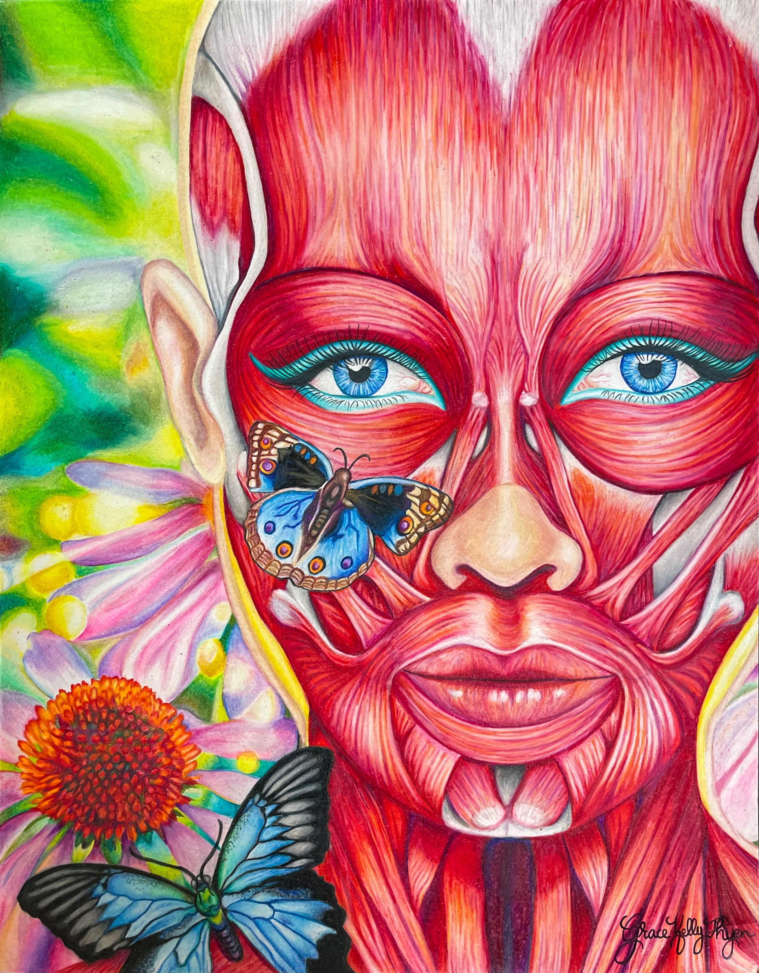 A vibrant, surreal portrait displaying facial muscles, looking straight ahead with piercing blue eyes and butterflies resting on the face.