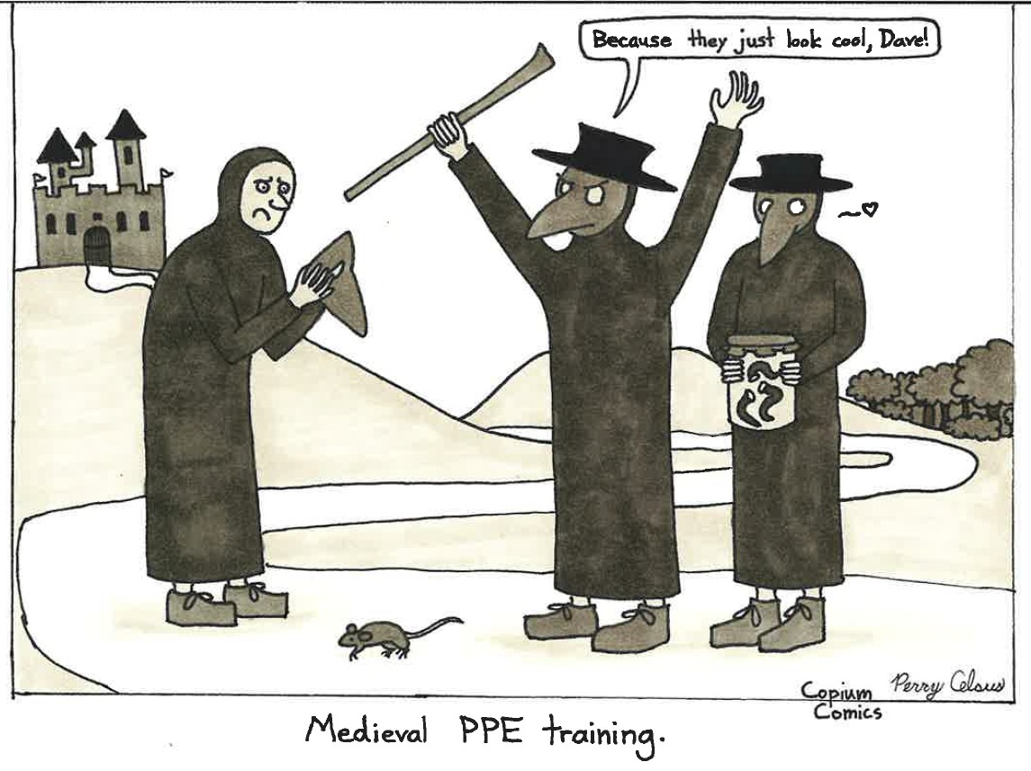 A medieval scene with three figures in plague doctor masks. One raises a stick, saying "Because they just look cool, Dave!" A small rat scurries nearby.