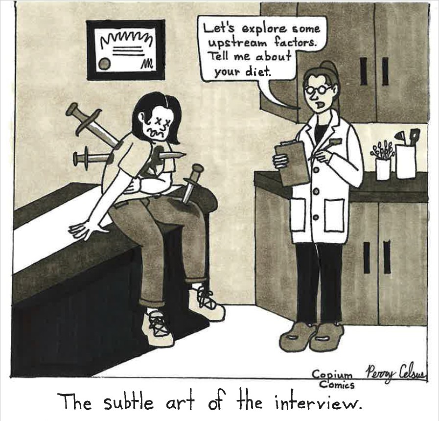 A patient with knives in their back sits on an exam table, while a doctor holding a clipboard says, "Tell me about your diet."