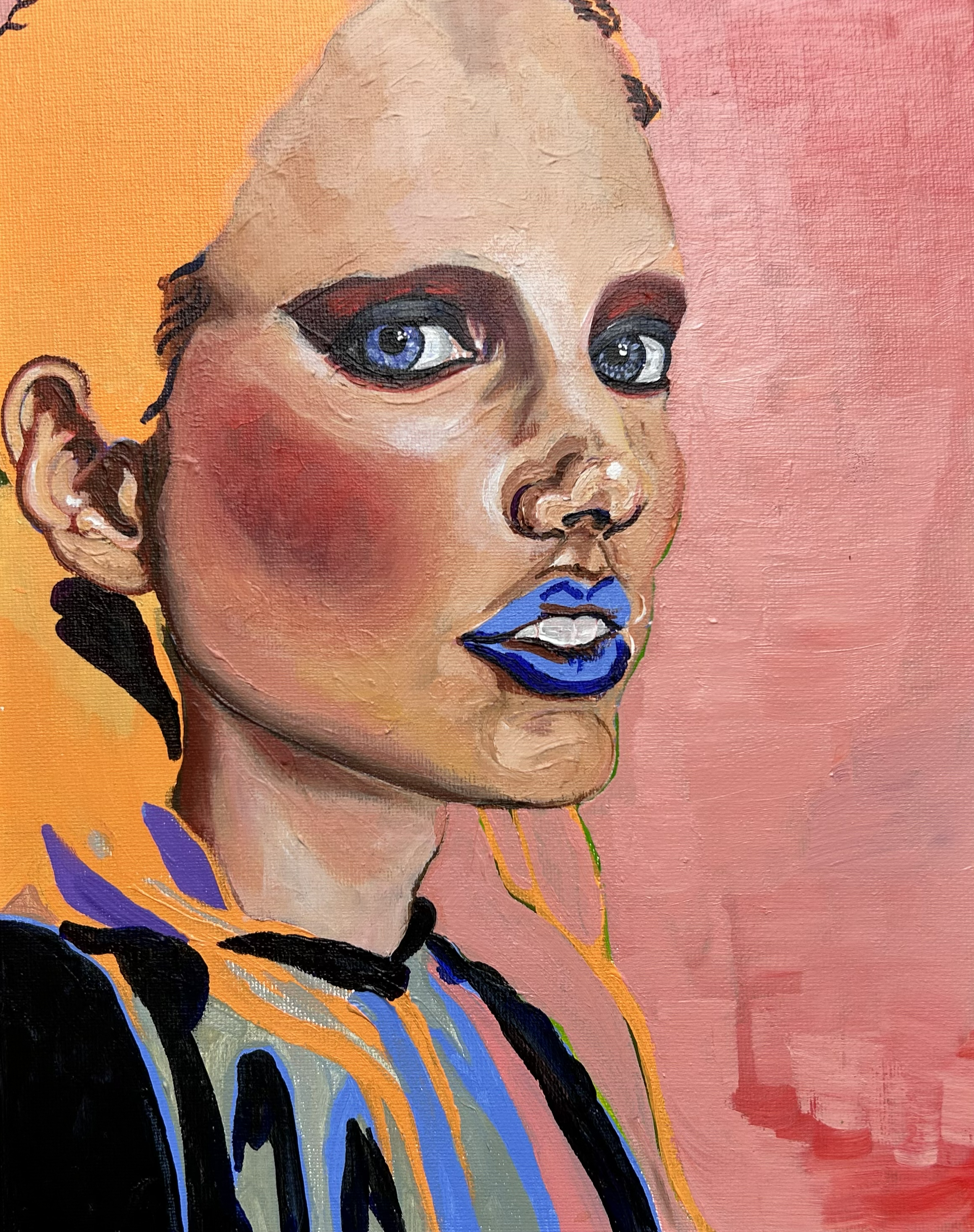 Portrait of a woman with vivid expressionistic makeup, blue lips, and striking blue eyes looking at the viewer, in three-quarter profile. The background is a warm orange and pink gradient.