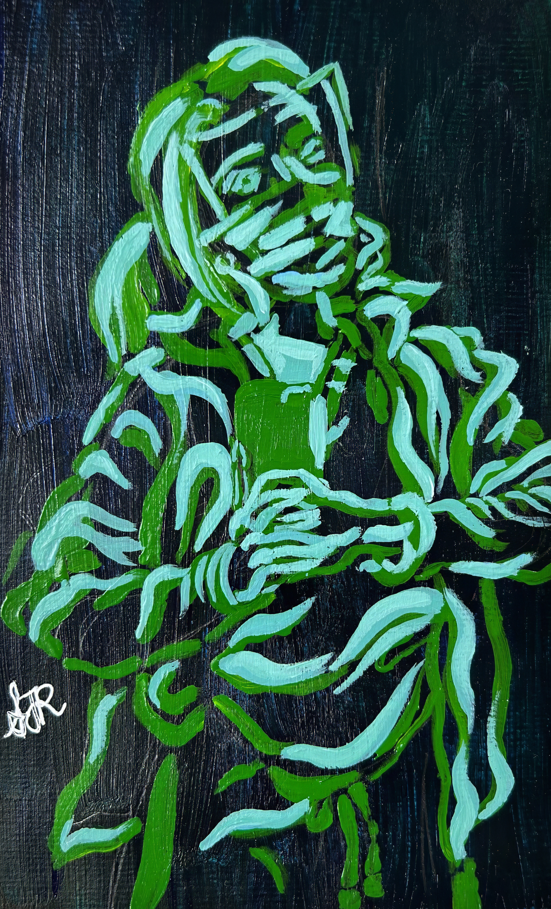 Abstract painting of a person with overlapping shades of green and blue on a dark background. The figure holds a smartphone as though taking a selfie in the mirror.