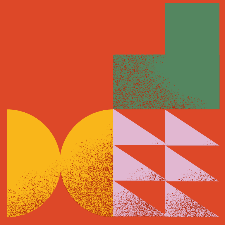 Abstract design on red background featuring a yellow semicircle, a green square, and pink triangles, with a speckled texture adding depth and contrast.