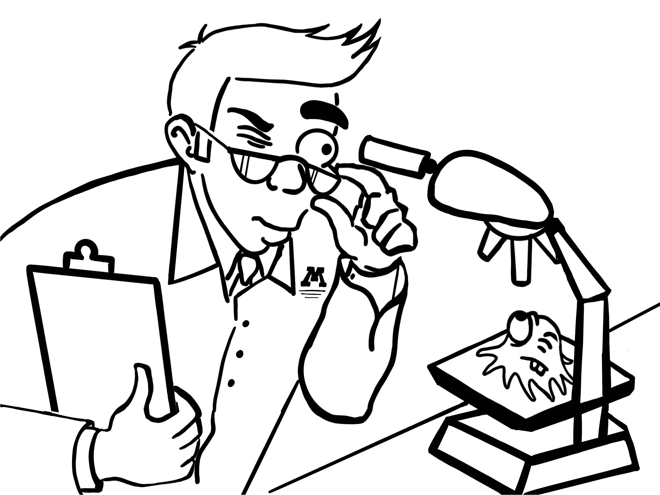 A line drawing of a male scientist holding a clipboard, adjusting his glasses, and examining a quirky blob creature under a microscope as the creature is looking back at him.