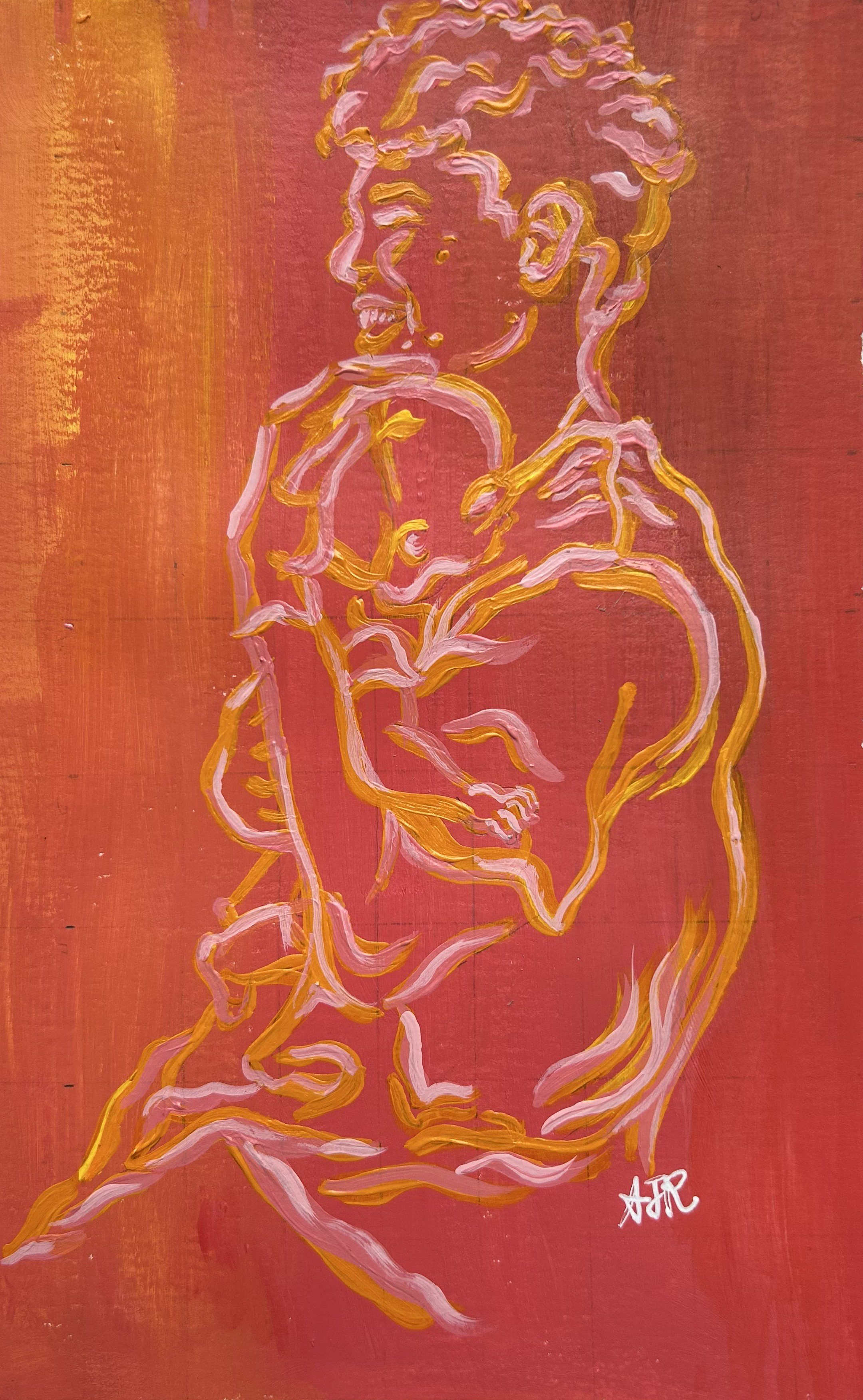A stylized line drawing of a person cradling a baby, outlined in orange and pink on a textured red background.