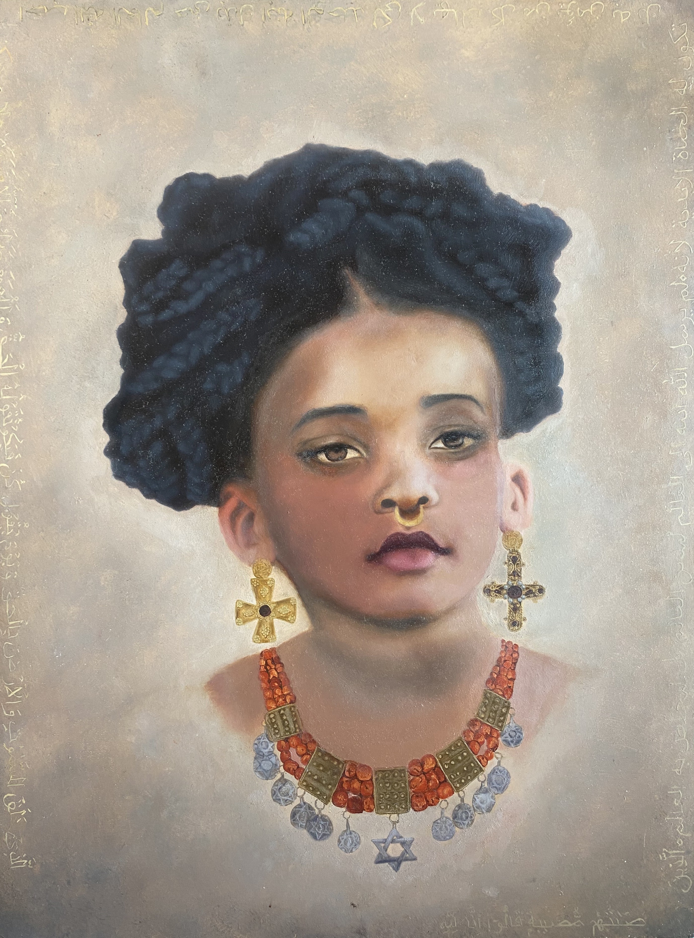 Portrait of a young woman with braided and textured hair, wearing large earrings, a nose ring, and a colorful necklace with Jewish, Christian, and Muslim religious symbols.