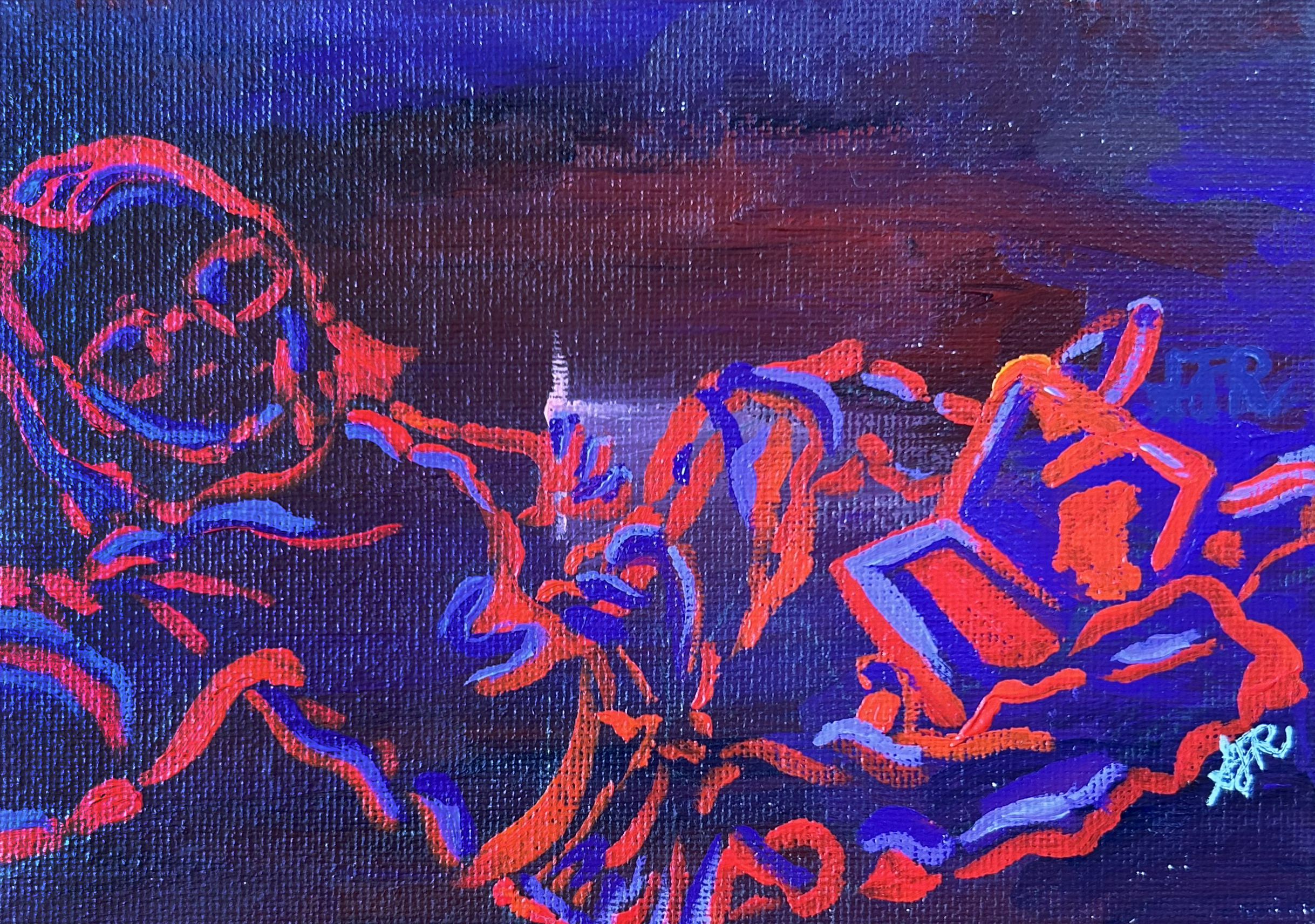Abstract painting of a reclining figure using a laptop, with vibrant red and blue lines against a dark purple background.