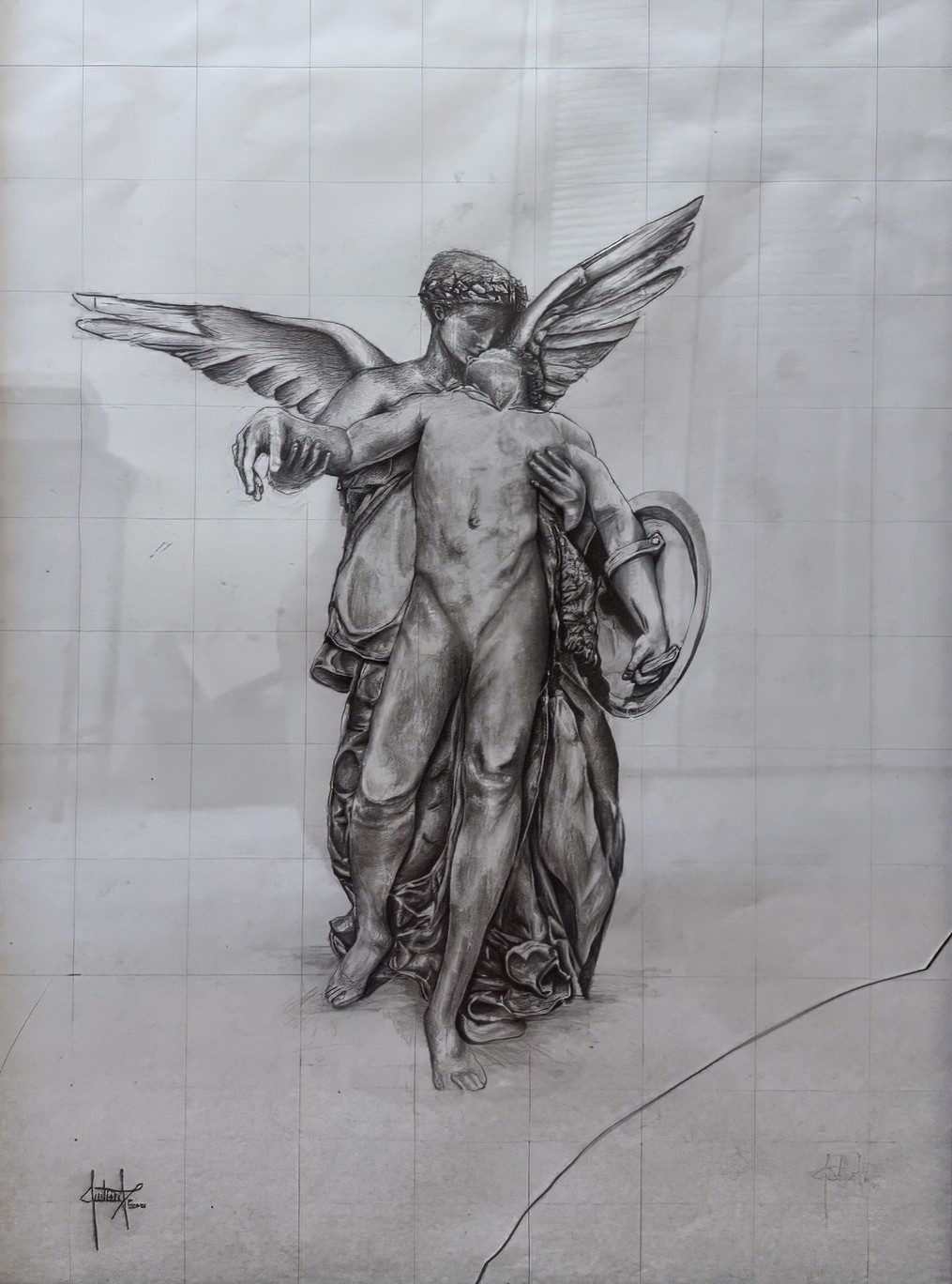 A detailed pencil drawing of a winged angel-like figure embracing and holding up a smaller, nude figure.