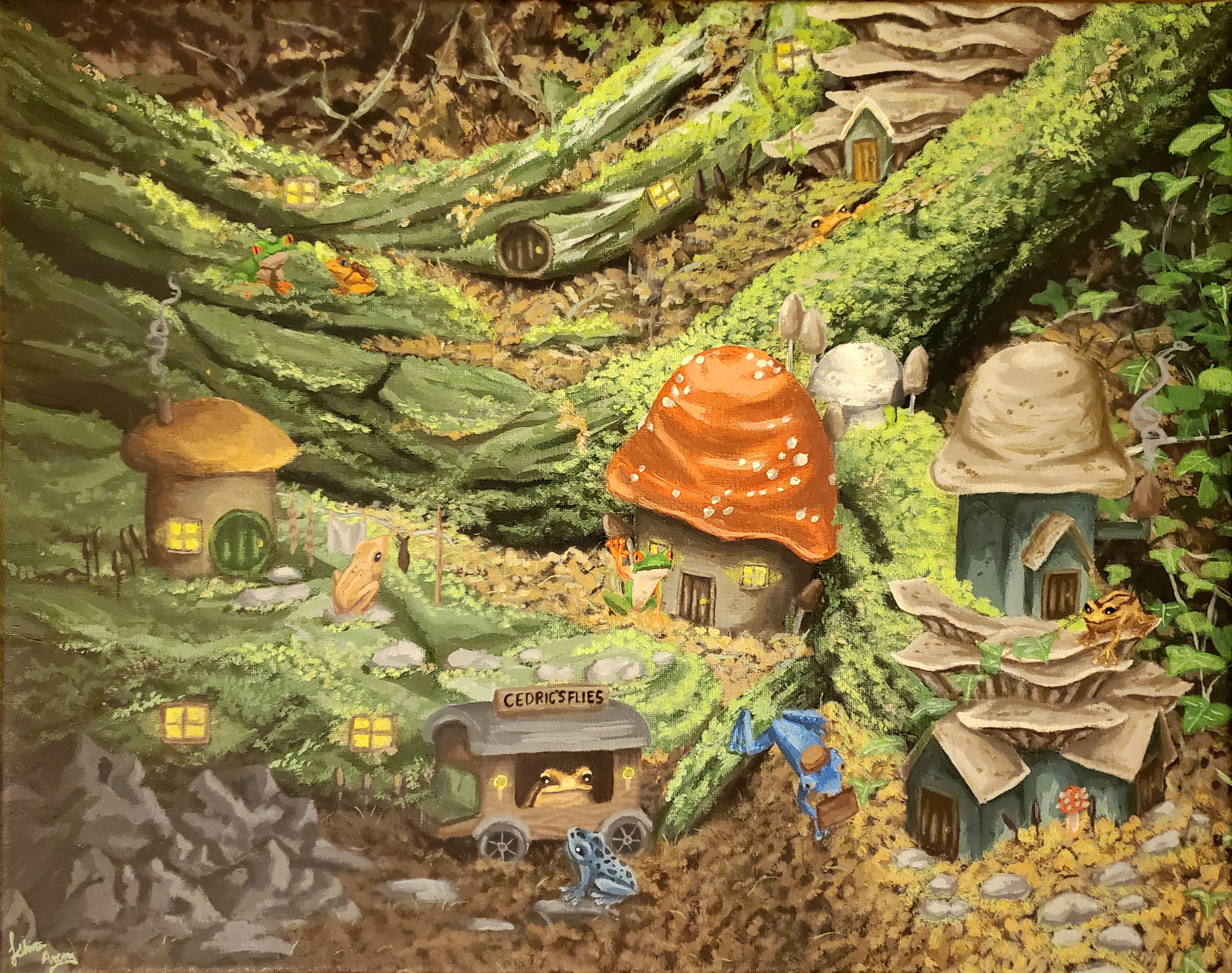 Whimsical woodland scene with mushroom houses, tiny doors, and anthropomorphic frogs conducting business by a cart labeled "Cedric's Flies."