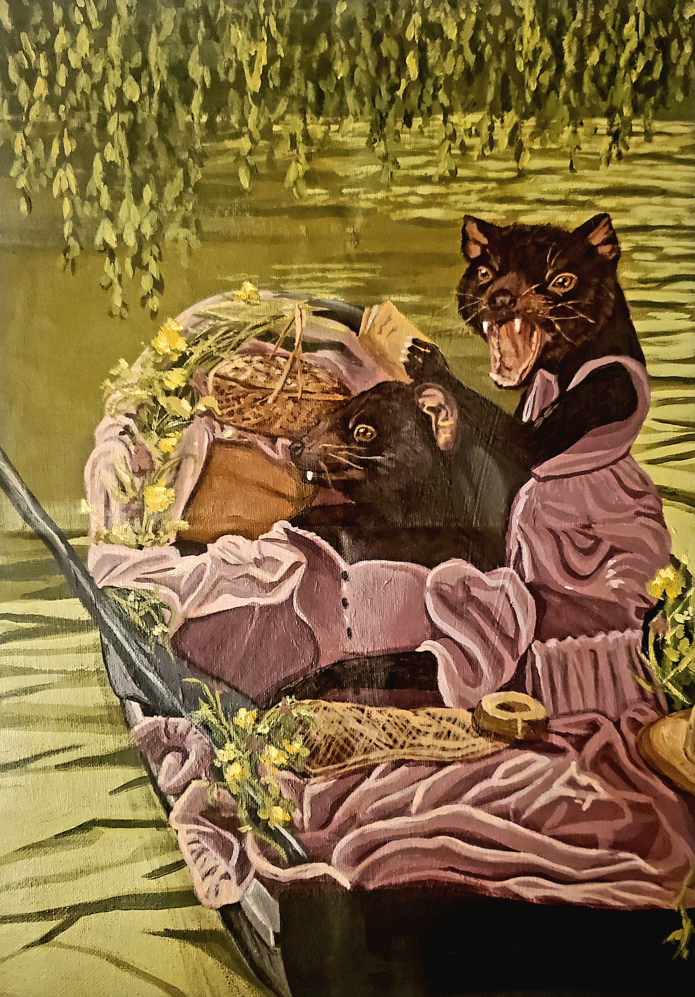 Two anthropomorphic otters in a boat wear vintage pink dresses. One otter looks surprised with its mouth open. The river and hanging branches have green tones.
