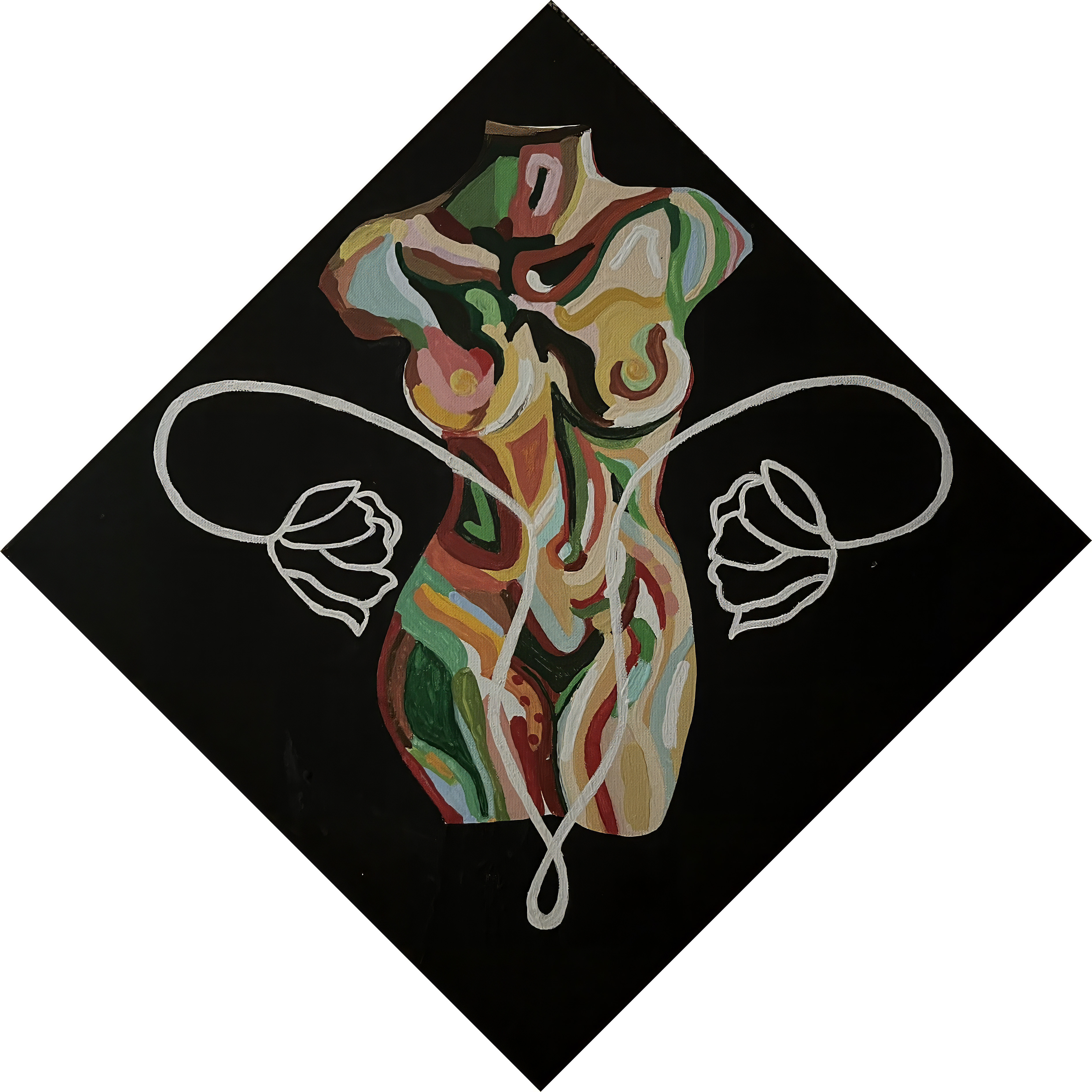 Abstract painting of a female torso in swirling, vivid colors on a black background. White outlines form two flowers on either side.